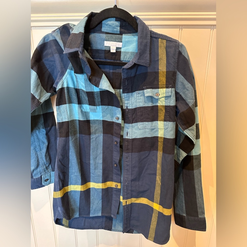 BURBERRY CHILDREN Boys SIZE 14 Youth Blue Black Yellow Flannel Button Do…